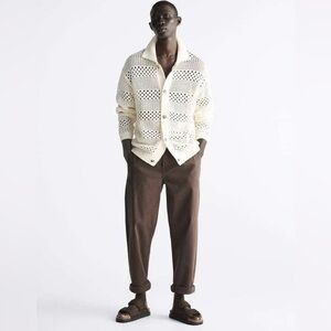 ZARA Mens Crochet Cream Cardigan L/XL